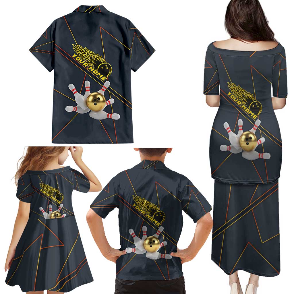 Custom Golden Bowling Shirts For Men, Flame Bowling Family Matching Puletasi and Hawaiian Shirt with Flaming Bowling Ball Striking Pins And Geometric Line Pattern - Wonder Print Shop
