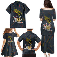 Custom Golden Bowling Shirts For Men, Flame Bowling Family Matching Puletasi and Hawaiian Shirt with Flaming Bowling Ball Striking Pins And Geometric Line Pattern - Wonder Print Shop