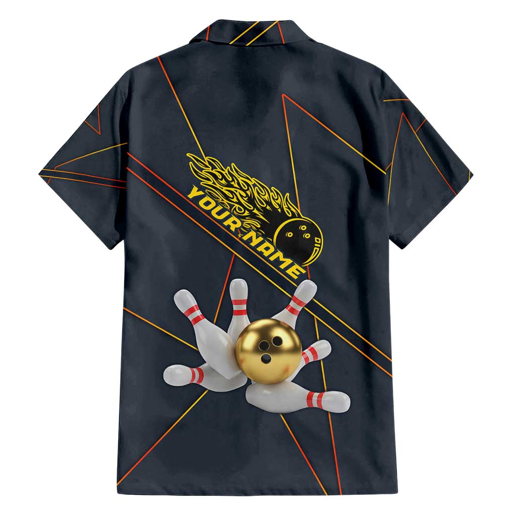Custom Golden Bowling Shirts For Men, Flame Bowling Family Matching Puletasi and Hawaiian Shirt with Flaming Bowling Ball Striking Pins And Geometric Line Pattern - Wonder Print Shop