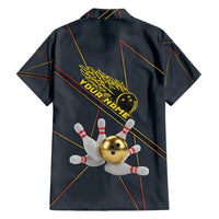 Custom Golden Bowling Shirts For Men, Flame Bowling Family Matching Puletasi and Hawaiian Shirt with Flaming Bowling Ball Striking Pins And Geometric Line Pattern - Wonder Print Shop