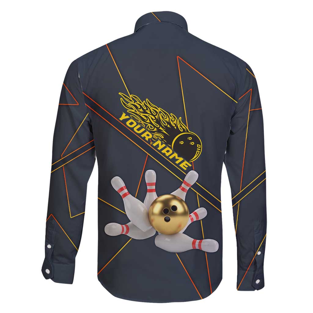 Custom Golden Bowling Shirts For Men, Flame Bowling Family Matching Puletasi and Hawaiian Shirt with Flaming Bowling Ball Striking Pins And Geometric Line Pattern - Wonder Print Shop