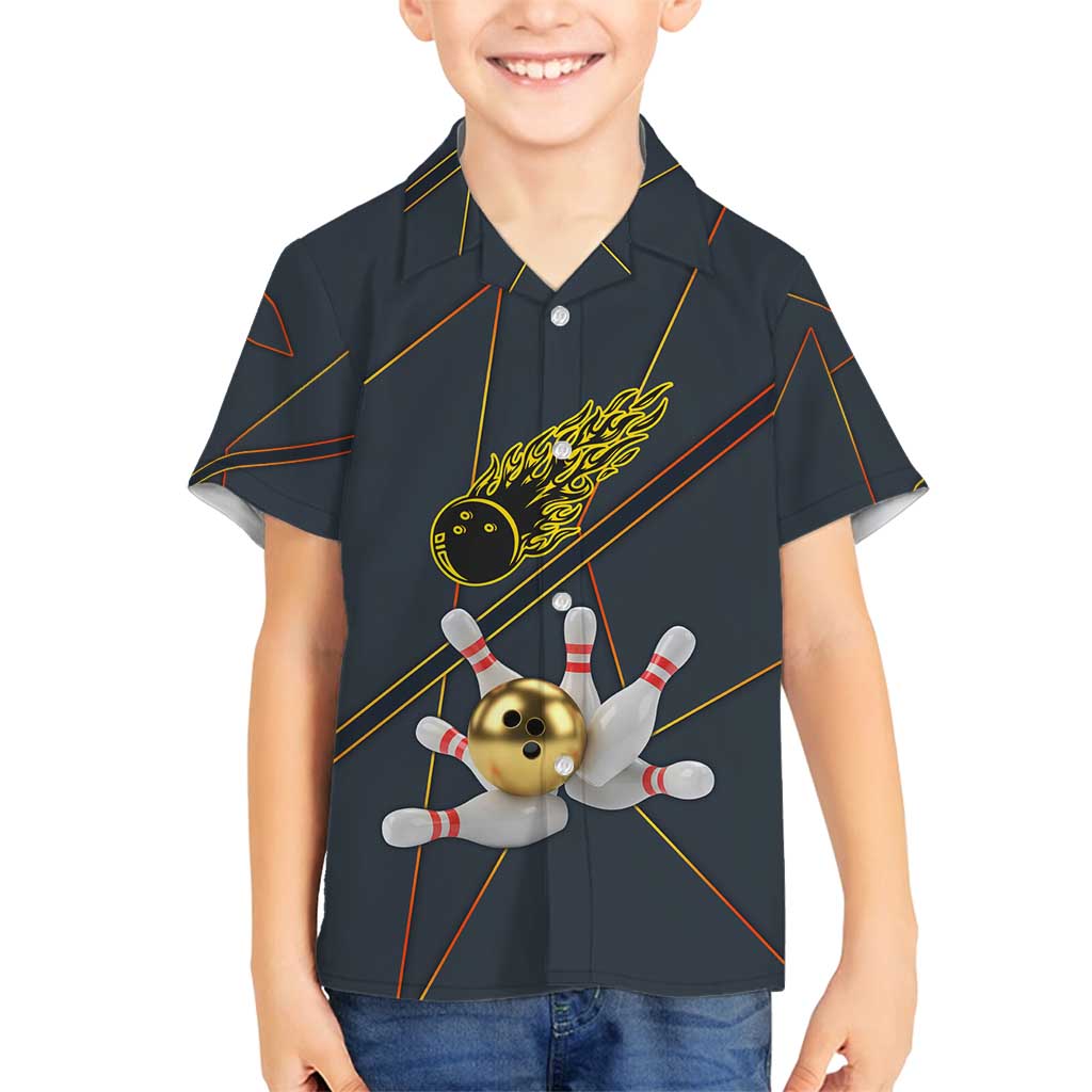 Custom Golden Bowling Shirts For Men, Flame Bowling Family Matching Puletasi and Hawaiian Shirt with Flaming Bowling Ball Striking Pins And Geometric Line Pattern - Wonder Print Shop