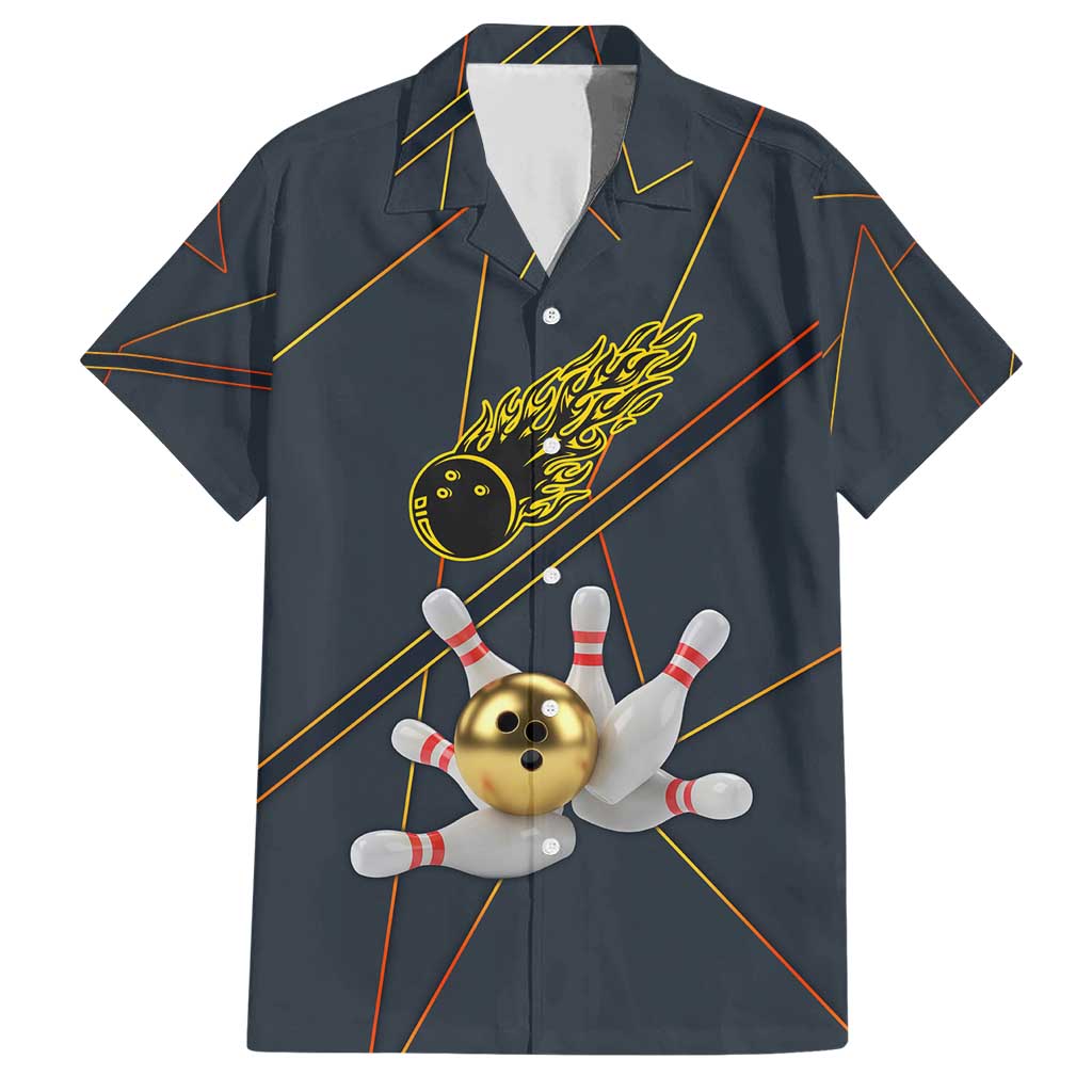 Custom Golden Bowling Shirts For Men, Flame Bowling Family Matching Short Sleeve Bodycon Dress and Hawaiian Shirt with Flaming Bowling Ball Striking Pins And Geometric Line Pattern - Wonder Print Shop