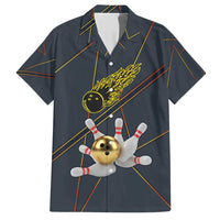 Custom Golden Bowling Shirts For Men, Flame Bowling Family Matching Short Sleeve Bodycon Dress and Hawaiian Shirt with Flaming Bowling Ball Striking Pins And Geometric Line Pattern - Wonder Print Shop