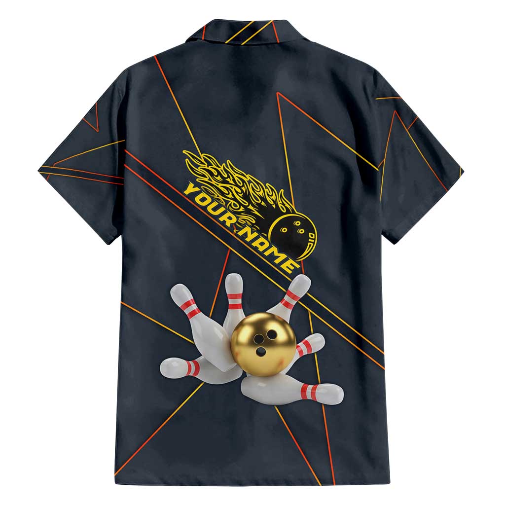 Custom Golden Bowling Shirts For Men, Flame Bowling Family Matching Short Sleeve Bodycon Dress and Hawaiian Shirt with Flaming Bowling Ball Striking Pins And Geometric Line Pattern - Wonder Print Shop