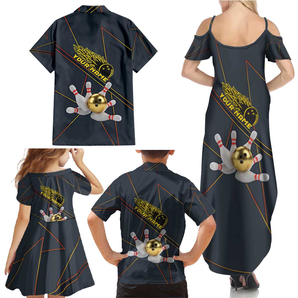 Custom Golden Bowling Shirts For Men, Flame Bowling Family Matching Summer Maxi Dress and Hawaiian Shirt with Flaming Bowling Ball Striking Pins And Geometric Line Pattern - Wonder Print Shop