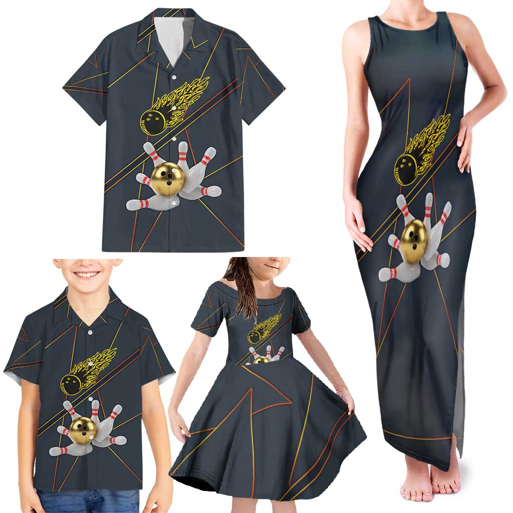 Custom Golden Bowling Shirts For Men, Flame Bowling Family Matching Tank Maxi Dress and Hawaiian Shirt with Flaming Bowling Ball Striking Pins And Geometric Line Pattern - Wonder Print Shop
