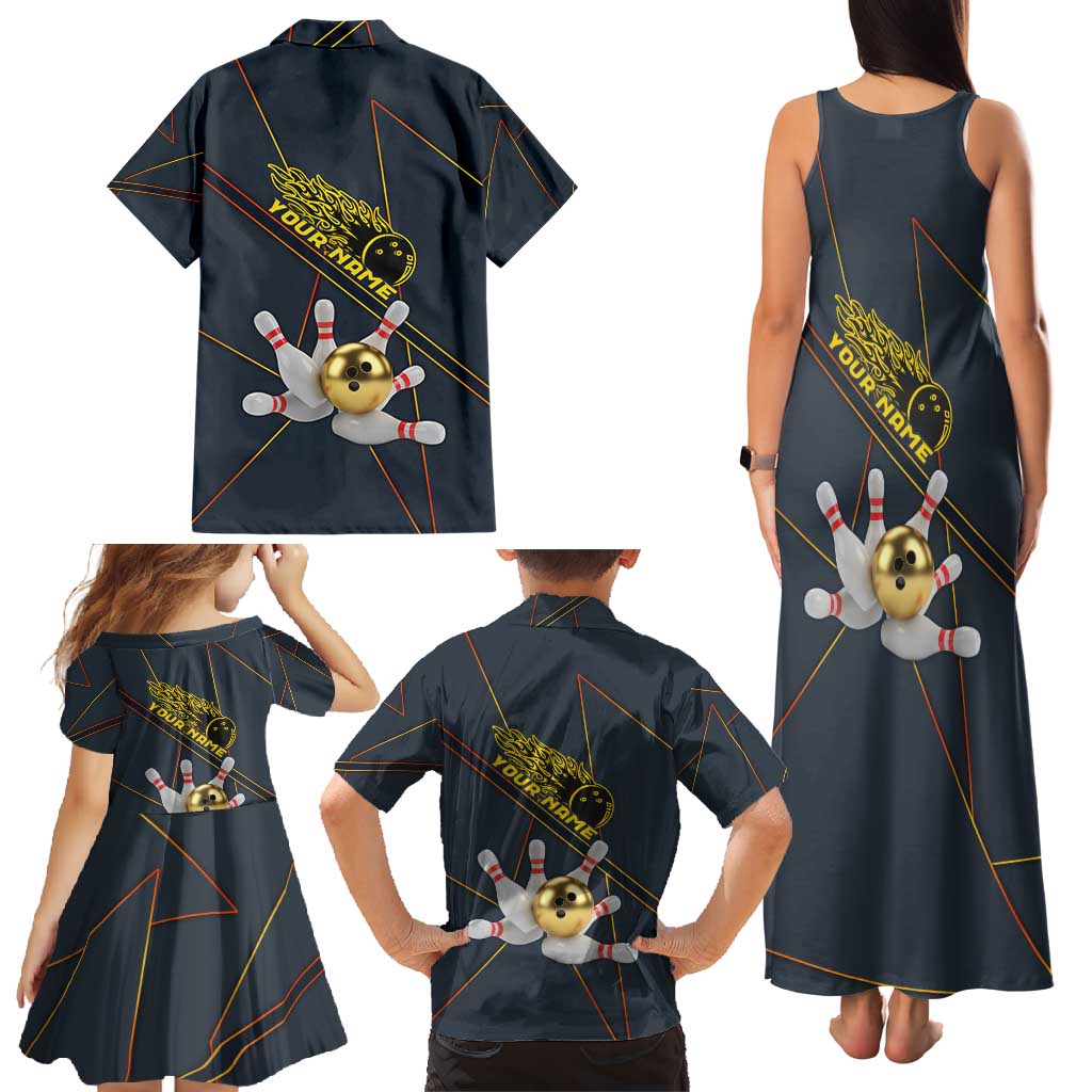 Custom Golden Bowling Shirts For Men, Flame Bowling Family Matching Tank Maxi Dress and Hawaiian Shirt with Flaming Bowling Ball Striking Pins And Geometric Line Pattern - Wonder Print Shop