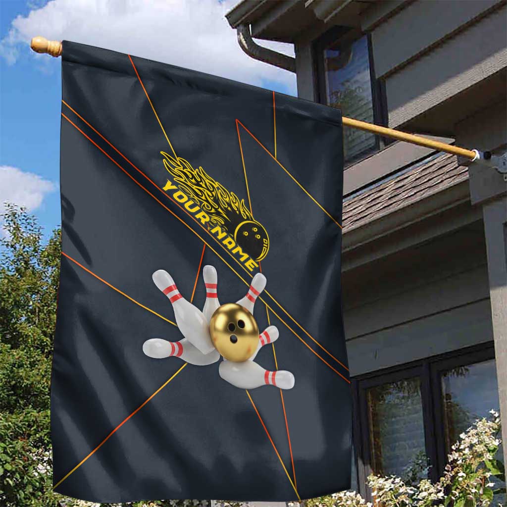 Custom Golden Bowling Shirts For Men, Flame Bowling Garden Flag with Flaming Bowling Ball Striking Pins And Geometric Line Pattern - Wonder Print Shop