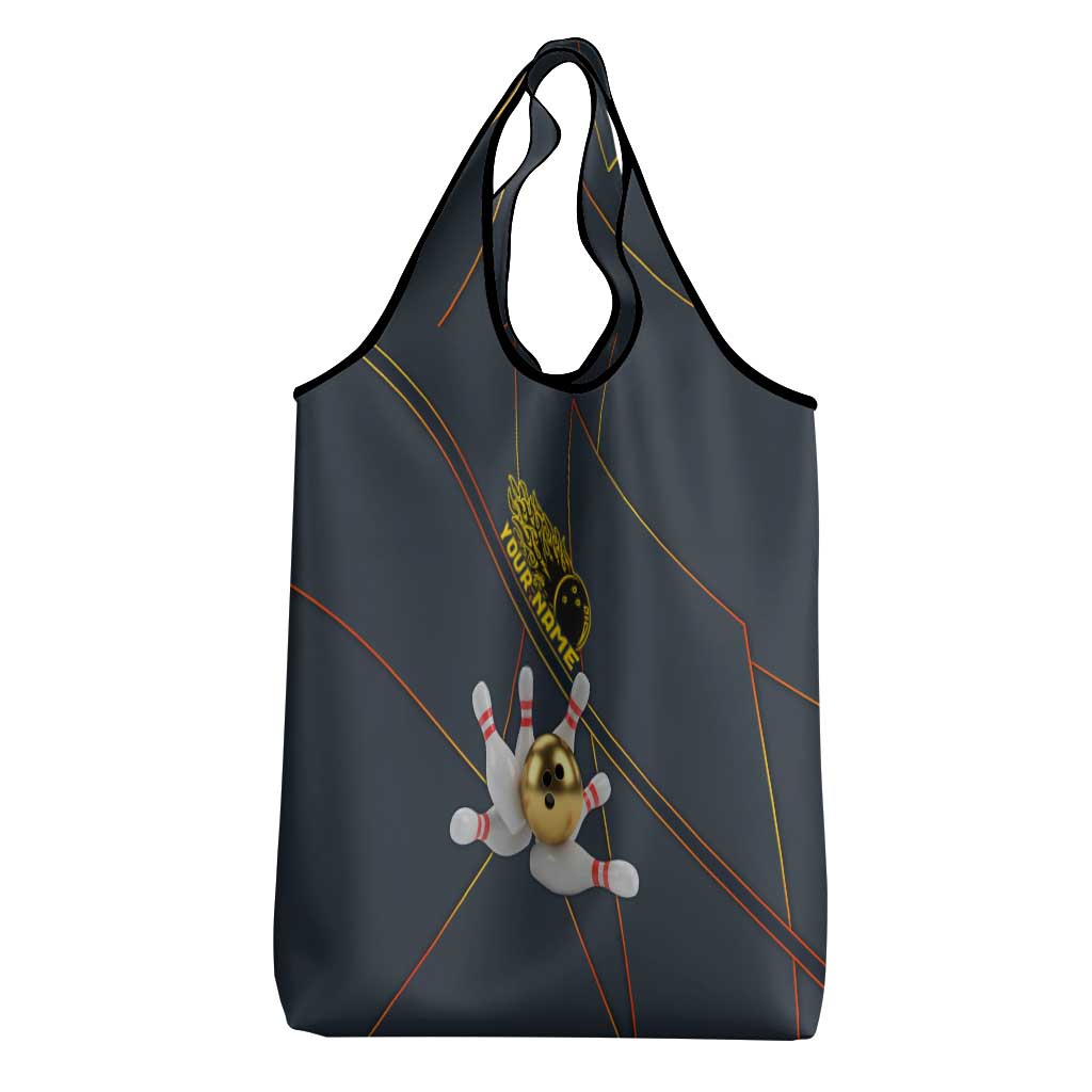 Custom Golden Bowling Shirts For Men, Flame Bowling Grocery Bag with Flaming Bowling Ball Striking Pins And Geometric Line Pattern - Wonder Print Shop