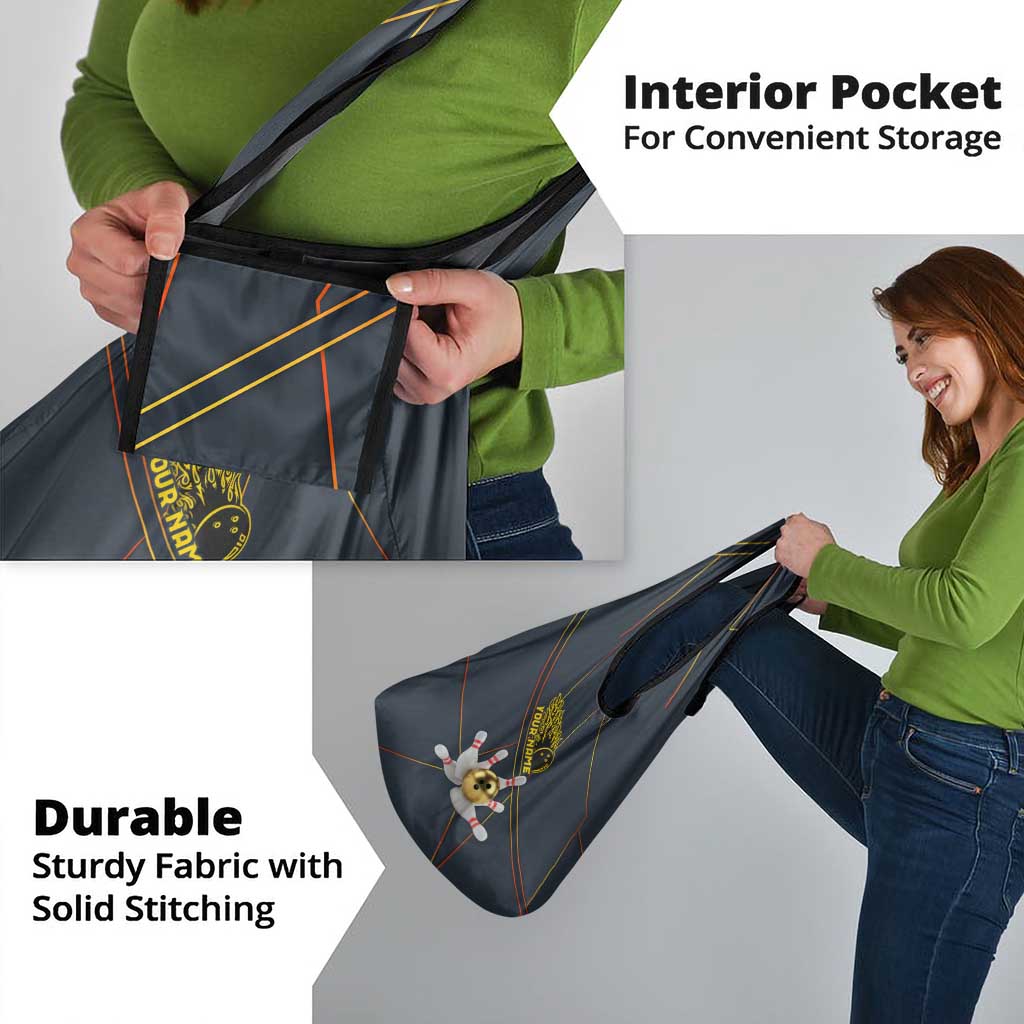 Custom Golden Bowling Shirts For Men, Flame Bowling Grocery Bag with Flaming Bowling Ball Striking Pins And Geometric Line Pattern - Wonder Print Shop