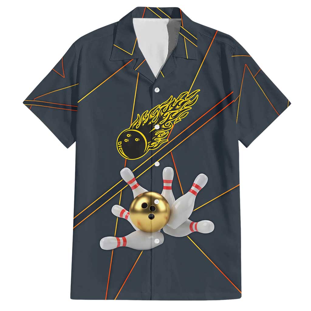 Custom Golden Bowling Shirts For Men, Flame Bowling Hawaiian Shirt with Flaming Bowling Ball Striking Pins And Geometric Line Pattern - Wonder Print Shop