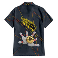Custom Golden Bowling Shirts For Men, Flame Bowling Hawaiian Shirt with Flaming Bowling Ball Striking Pins And Geometric Line Pattern - Wonder Print Shop