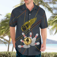 Custom Golden Bowling Shirts For Men, Flame Bowling Hawaiian Shirt with Flaming Bowling Ball Striking Pins And Geometric Line Pattern - Wonder Print Shop