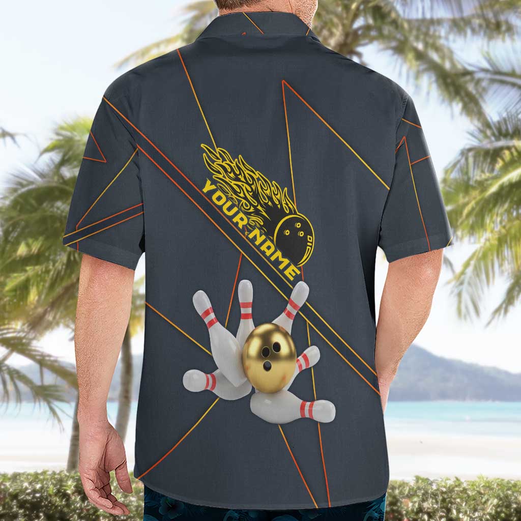 Custom Golden Bowling Shirts For Men, Flame Bowling Hawaiian Shirt with Flaming Bowling Ball Striking Pins And Geometric Line Pattern - Wonder Print Shop