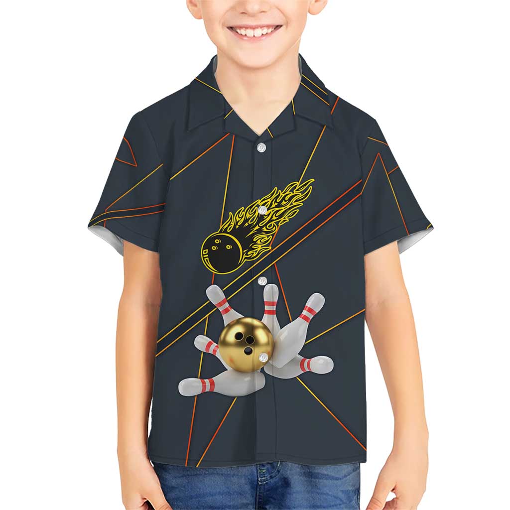 Custom Golden Bowling Shirts For Men, Flame Bowling Hawaiian Shirt with Flaming Bowling Ball Striking Pins And Geometric Line Pattern - Wonder Print Shop