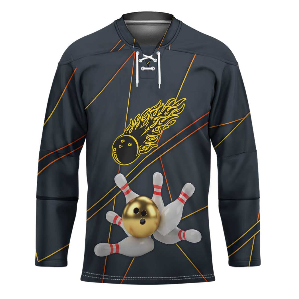 Custom Golden Bowling Shirts For Men, Flame Bowling Hockey Jersey with Flaming Bowling Ball Striking Pins And Geometric Line Pattern - Wonder Print Shop
