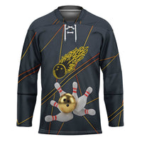 Custom Golden Bowling Shirts For Men, Flame Bowling Hockey Jersey with Flaming Bowling Ball Striking Pins And Geometric Line Pattern - Wonder Print Shop