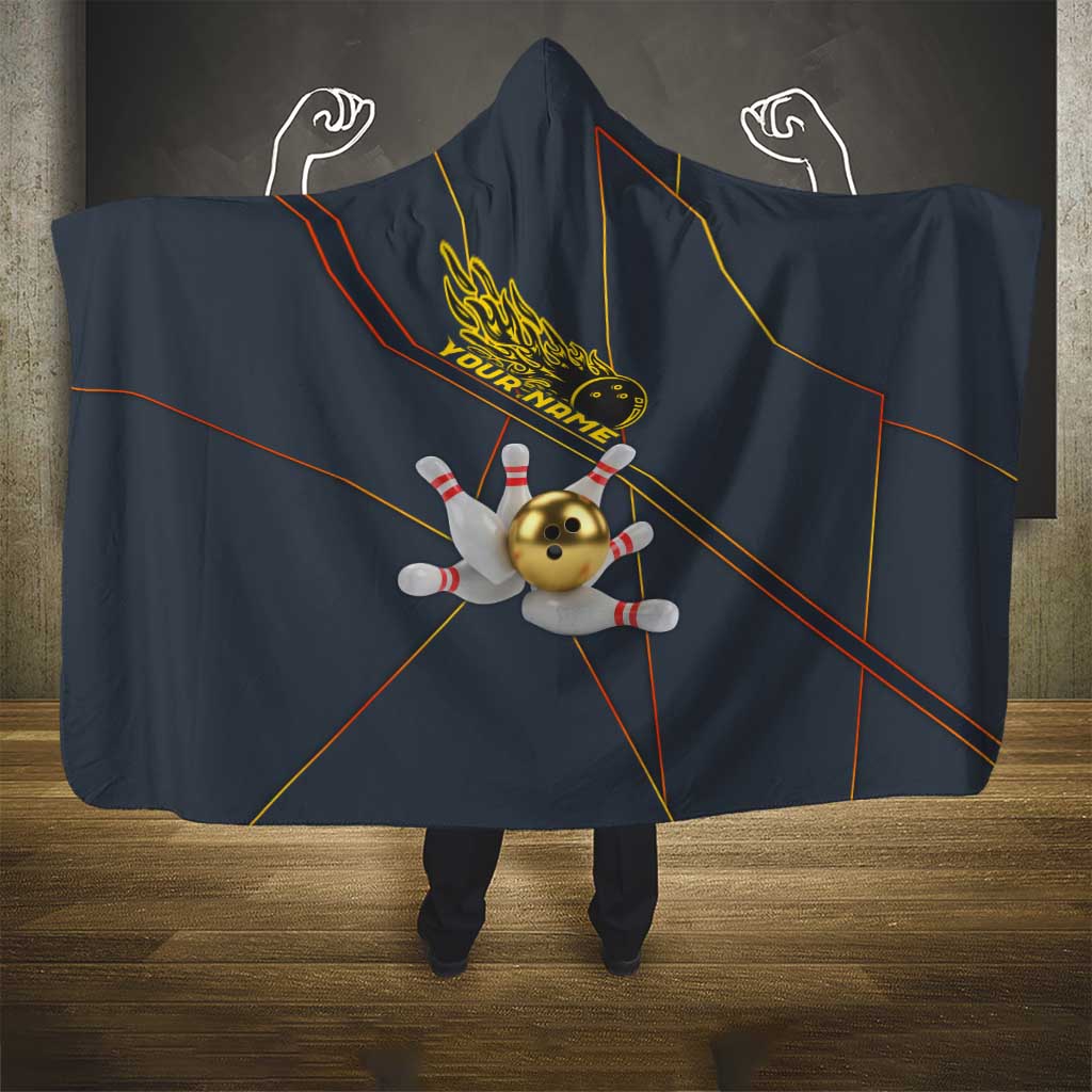 Custom Golden Bowling Shirts For Men, Flame Bowling Hooded Blanket with Flaming Bowling Ball Striking Pins And Geometric Line Pattern - Wonder Print Shop