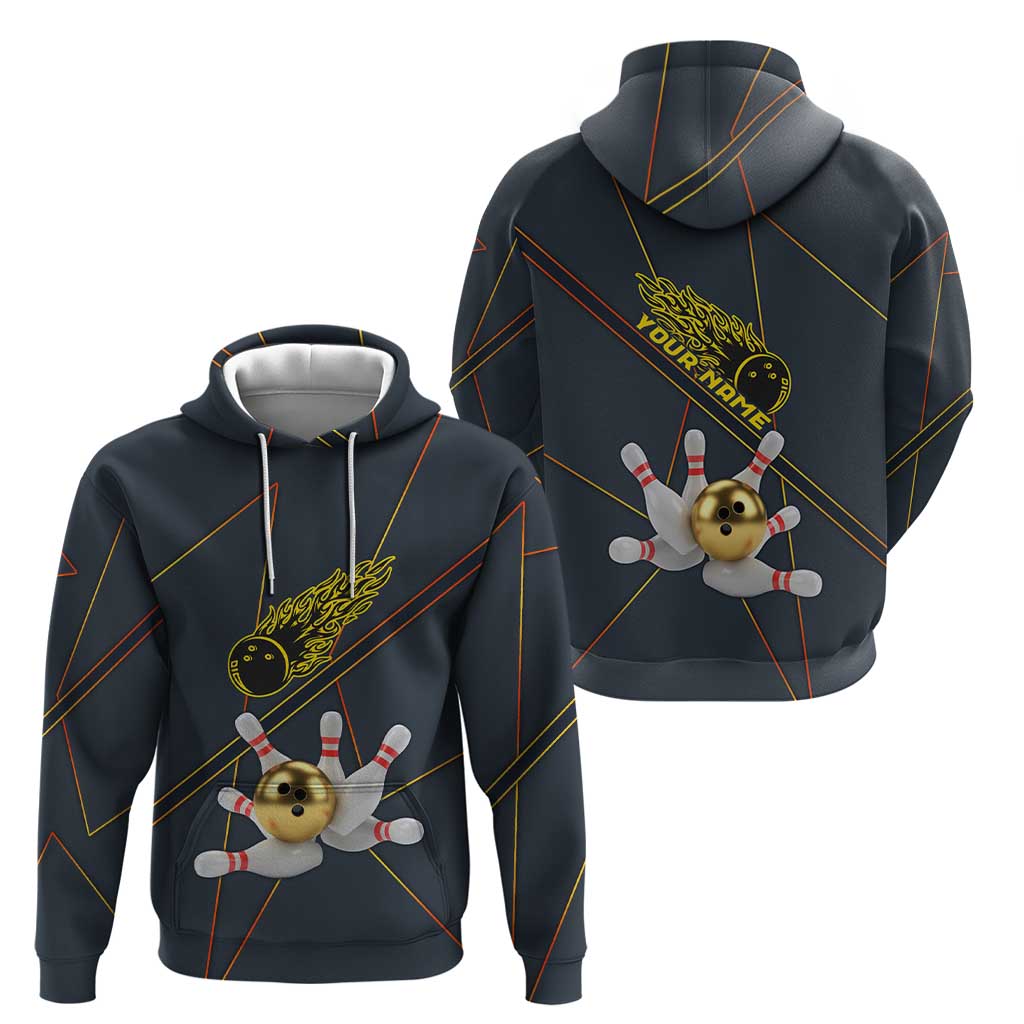 Custom Golden Bowling Shirts For Men, Flame Bowling Hoodie with Flaming Bowling Ball Striking Pins And Geometric Line Pattern - Wonder Print Shop