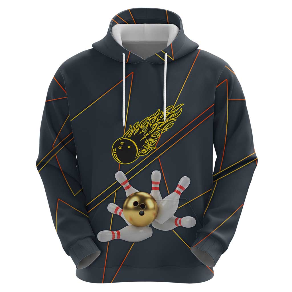 Custom Golden Bowling Shirts For Men, Flame Bowling Hoodie with Flaming Bowling Ball Striking Pins And Geometric Line Pattern - Wonder Print Shop