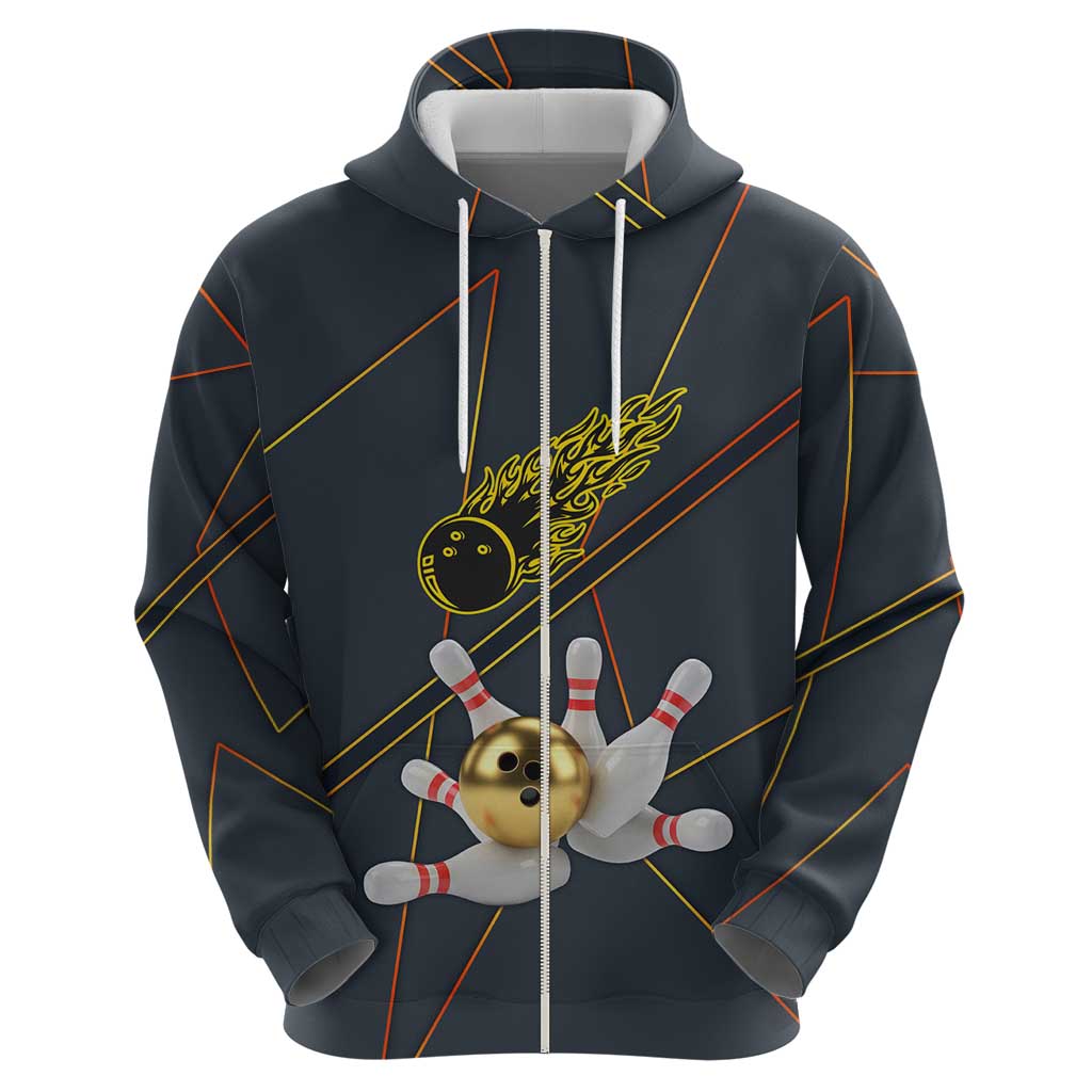 Custom Golden Bowling Shirts For Men, Flame Bowling Hoodie with Flaming Bowling Ball Striking Pins And Geometric Line Pattern - Wonder Print Shop