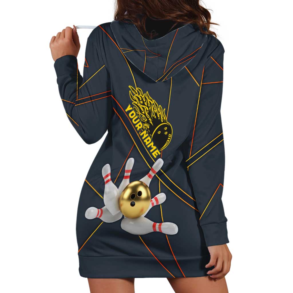 Custom Golden Bowling Shirts For Men, Flame Bowling Hoodie Dress with Flaming Bowling Ball Striking Pins And Geometric Line Pattern - Wonder Print Shop