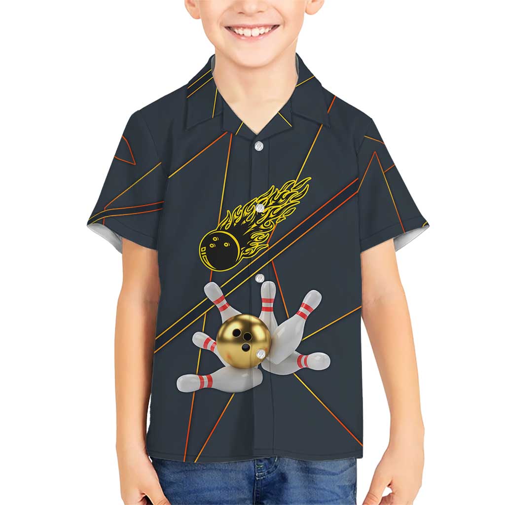 Custom Golden Bowling Shirts For Men, Flame Bowling Kid Hawaiian Shirt with Flaming Bowling Ball Striking Pins And Geometric Line Pattern - Wonder Print Shop