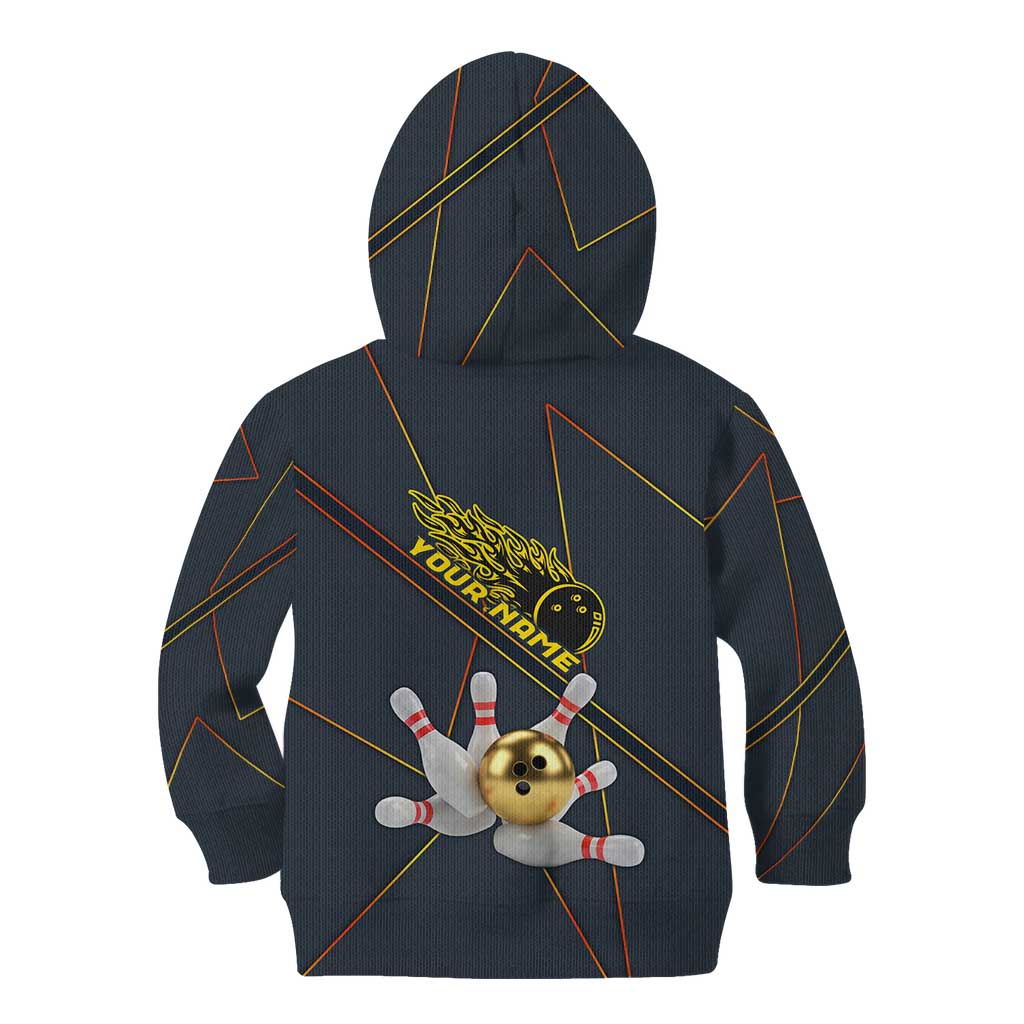 Custom Golden Bowling Shirts For Men, Flame Bowling Kid Hoodie with Flaming Bowling Ball Striking Pins And Geometric Line Pattern - Wonder Print Shop