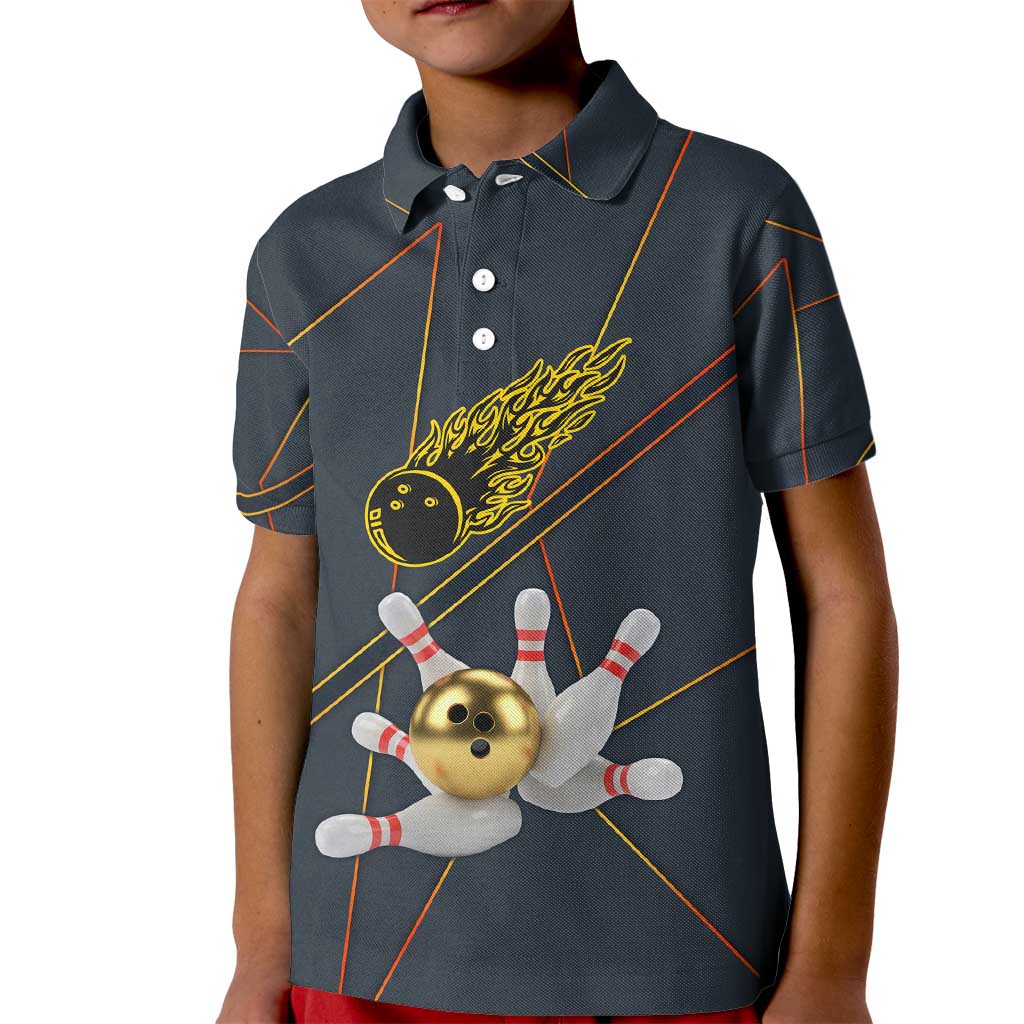 Custom Golden Bowling Shirts For Men, Flame Bowling Kid Polo Shirt with Flaming Bowling Ball Striking Pins And Geometric Line Pattern - Wonder Print Shop