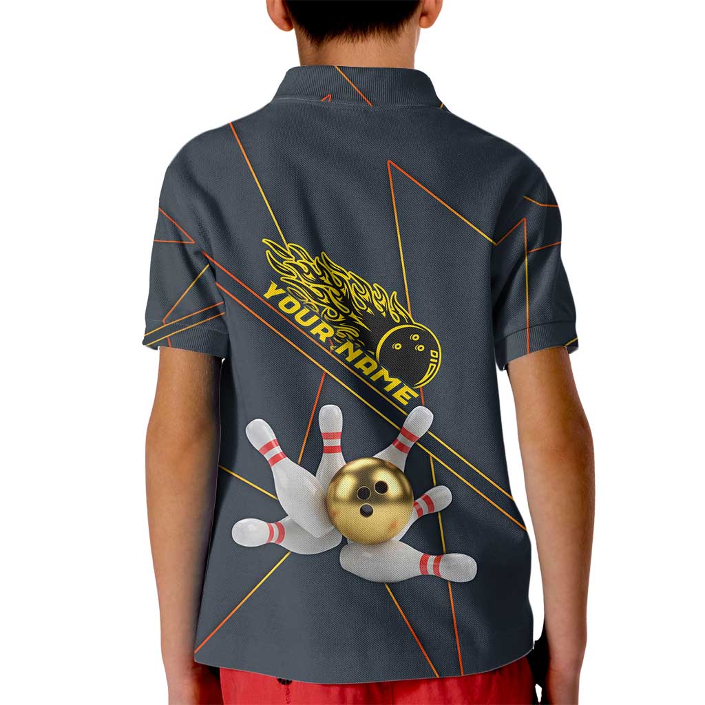 Custom Golden Bowling Shirts For Men, Flame Bowling Kid Polo Shirt with Flaming Bowling Ball Striking Pins And Geometric Line Pattern - Wonder Print Shop