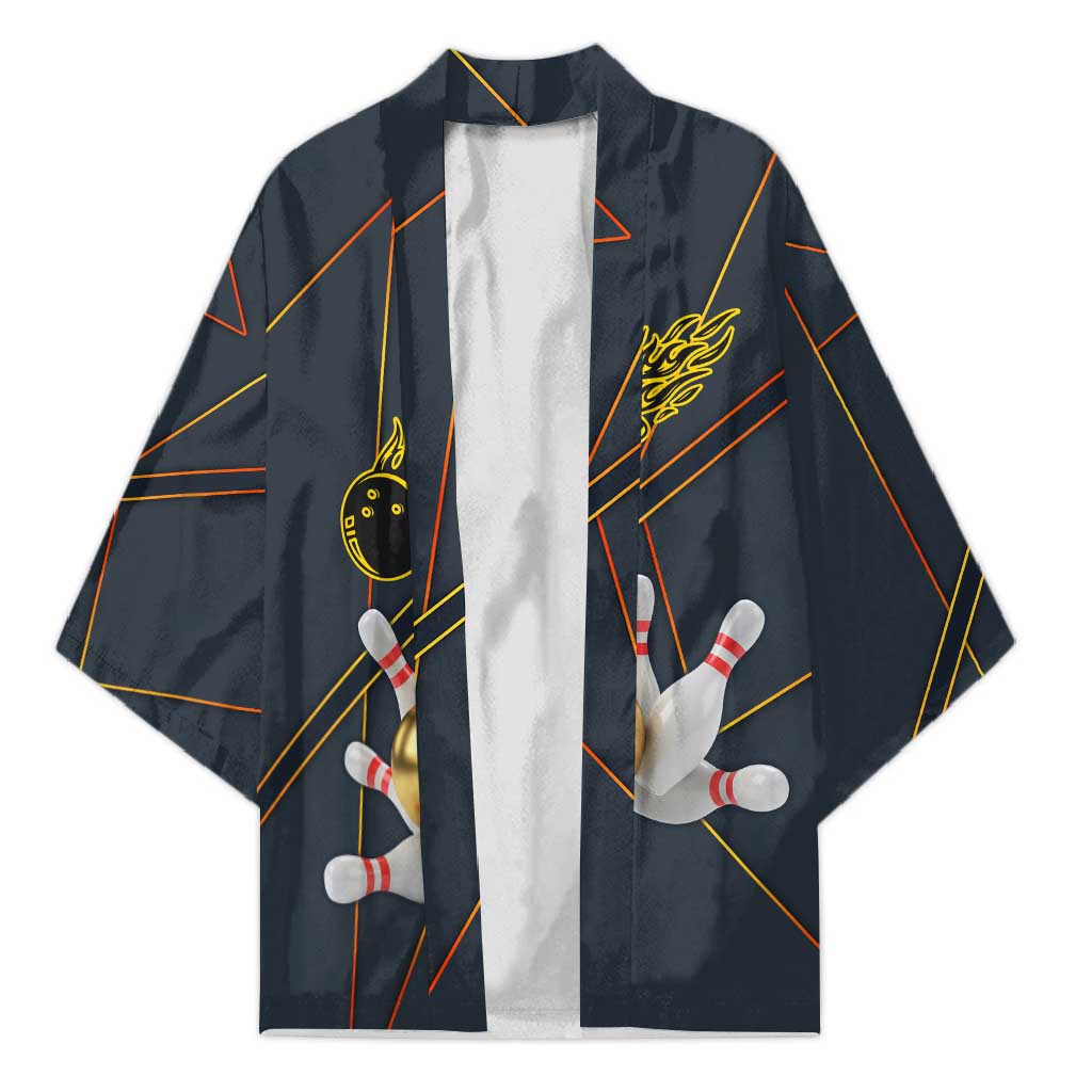 Custom Golden Bowling Shirts For Men, Flame Bowling Kimono with Flaming Bowling Ball Striking Pins And Geometric Line Pattern - Wonder Print Shop