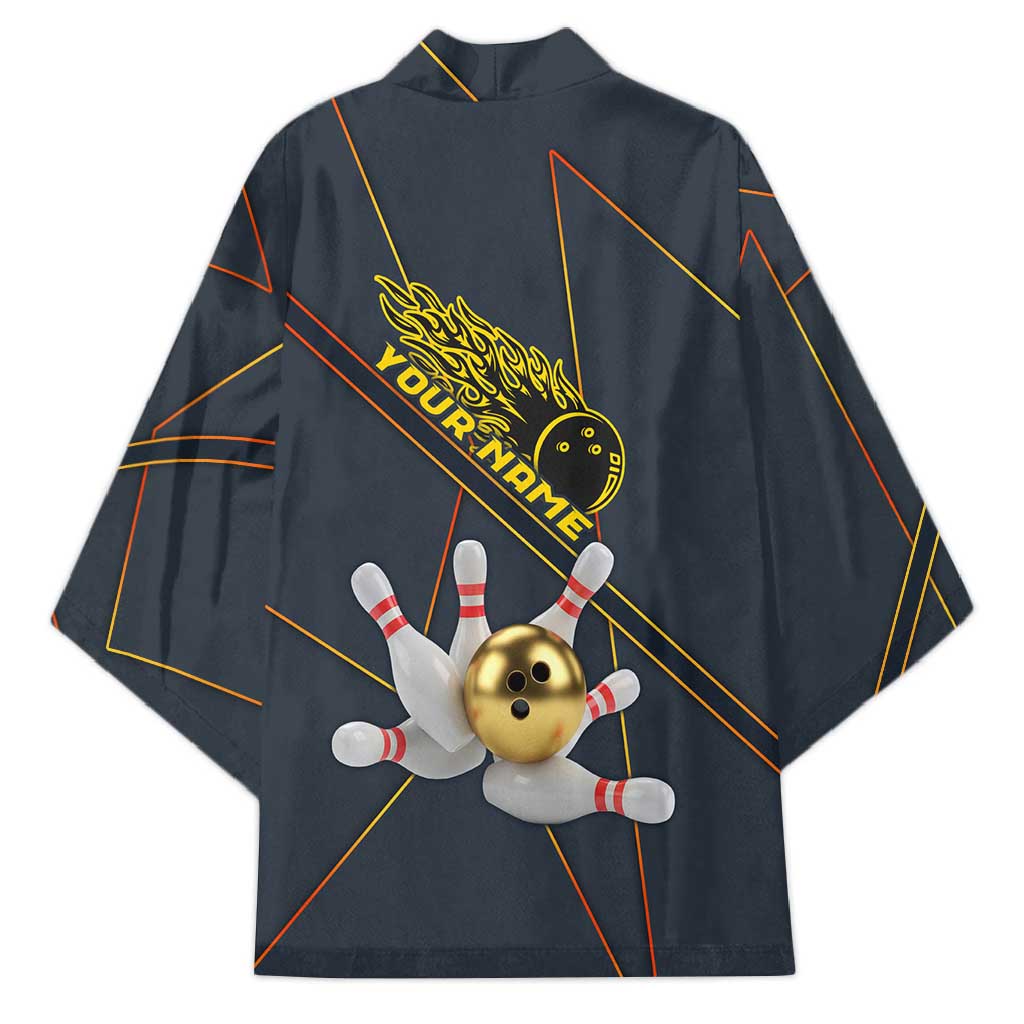 Custom Golden Bowling Shirts For Men, Flame Bowling Kimono with Flaming Bowling Ball Striking Pins And Geometric Line Pattern - Wonder Print Shop