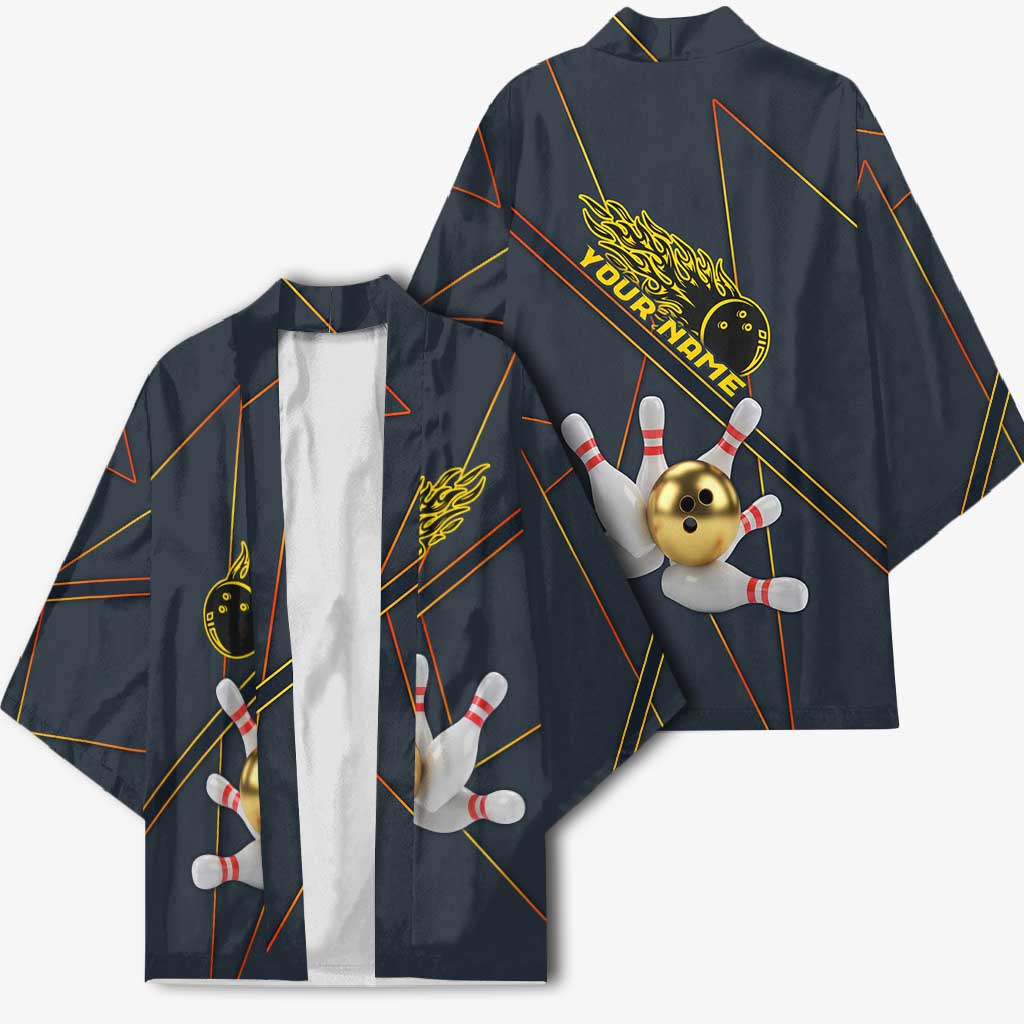 Custom Golden Bowling Shirts For Men, Flame Bowling Kimono with Flaming Bowling Ball Striking Pins And Geometric Line Pattern - Wonder Print Shop