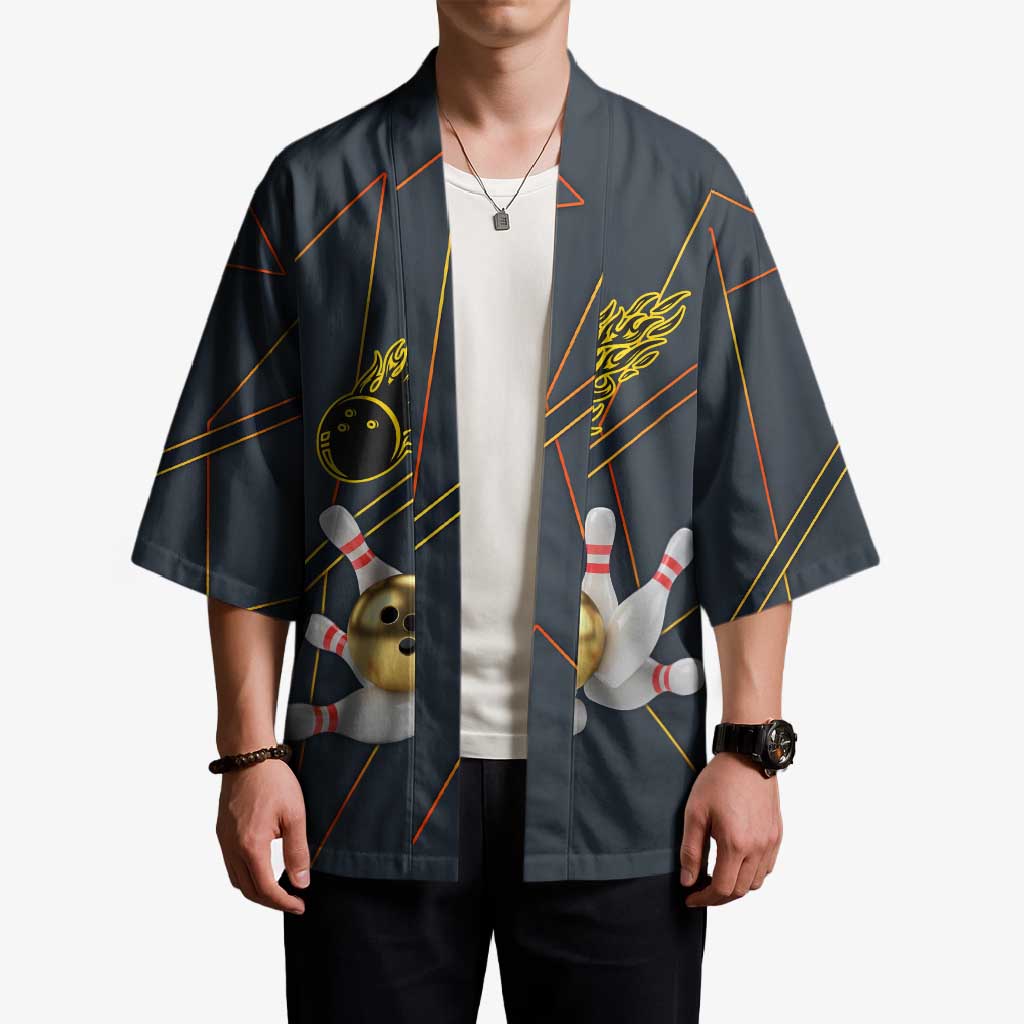 Custom Golden Bowling Shirts For Men, Flame Bowling Kimono with Flaming Bowling Ball Striking Pins And Geometric Line Pattern - Wonder Print Shop