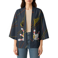 Custom Golden Bowling Shirts For Men, Flame Bowling Kimono with Flaming Bowling Ball Striking Pins And Geometric Line Pattern - Wonder Print Shop
