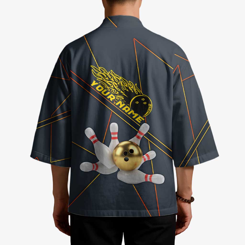 Custom Golden Bowling Shirts For Men, Flame Bowling Kimono with Flaming Bowling Ball Striking Pins And Geometric Line Pattern - Wonder Print Shop