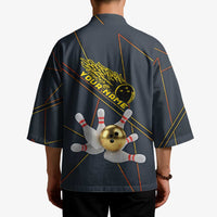 Custom Golden Bowling Shirts For Men, Flame Bowling Kimono with Flaming Bowling Ball Striking Pins And Geometric Line Pattern - Wonder Print Shop