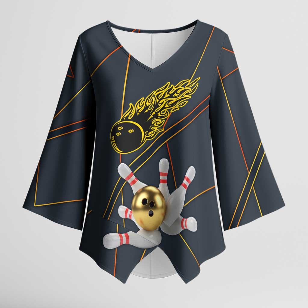 Custom Golden Bowling Shirts For Men, Flame Bowling Kimono Sleeve Blouse with Flaming Bowling Ball Striking Pins And Geometric Line Pattern - Wonder Print Shop