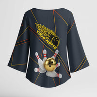 Custom Golden Bowling Shirts For Men, Flame Bowling Kimono Sleeve Blouse with Flaming Bowling Ball Striking Pins And Geometric Line Pattern - Wonder Print Shop