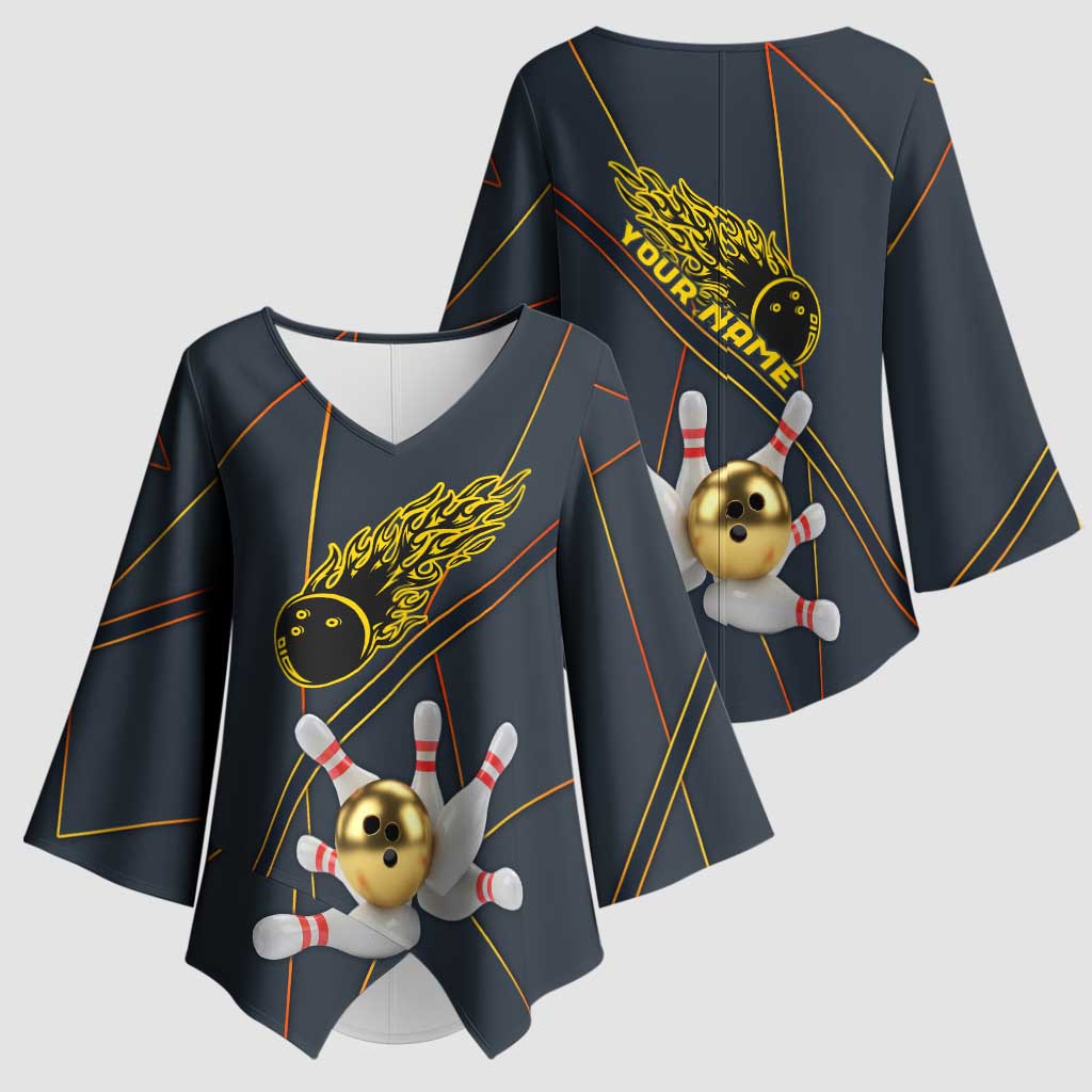 Custom Golden Bowling Shirts For Men, Flame Bowling Kimono Sleeve Blouse with Flaming Bowling Ball Striking Pins And Geometric Line Pattern - Wonder Print Shop