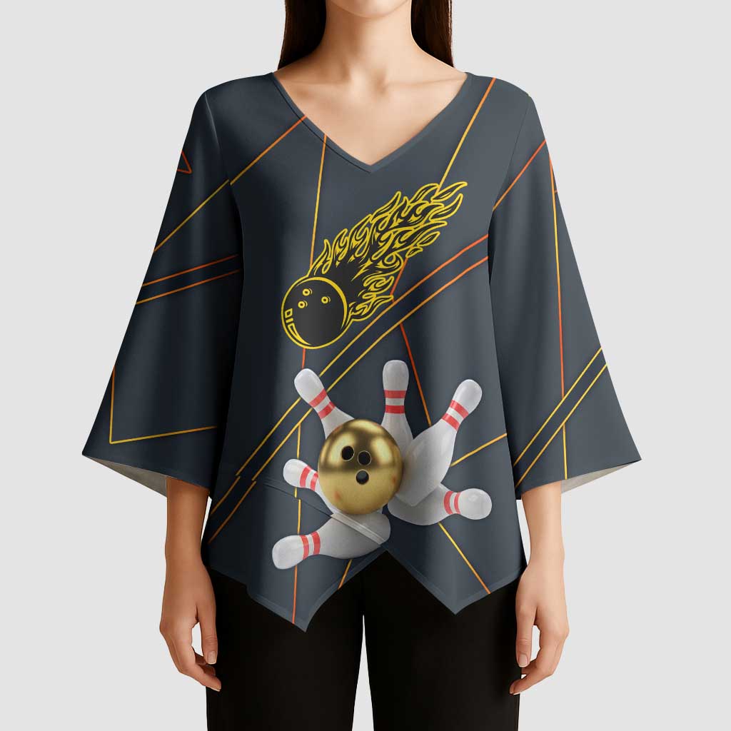 Custom Golden Bowling Shirts For Men, Flame Bowling Kimono Sleeve Blouse with Flaming Bowling Ball Striking Pins And Geometric Line Pattern - Wonder Print Shop