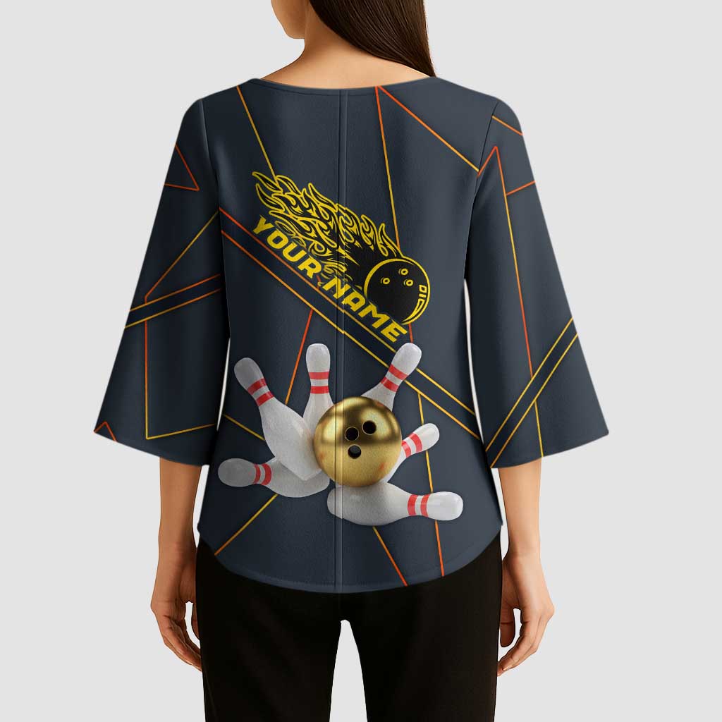 Custom Golden Bowling Shirts For Men, Flame Bowling Kimono Sleeve Blouse with Flaming Bowling Ball Striking Pins And Geometric Line Pattern - Wonder Print Shop