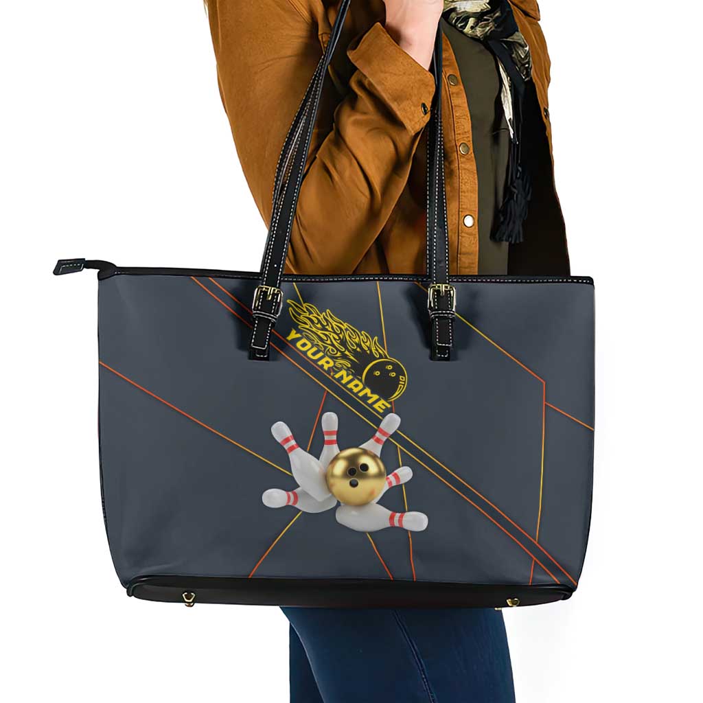 Custom Golden Bowling Shirts For Men, Flame Bowling Leather Tote Bag with Flaming Bowling Ball Striking Pins And Geometric Line Pattern - Wonder Print Shop