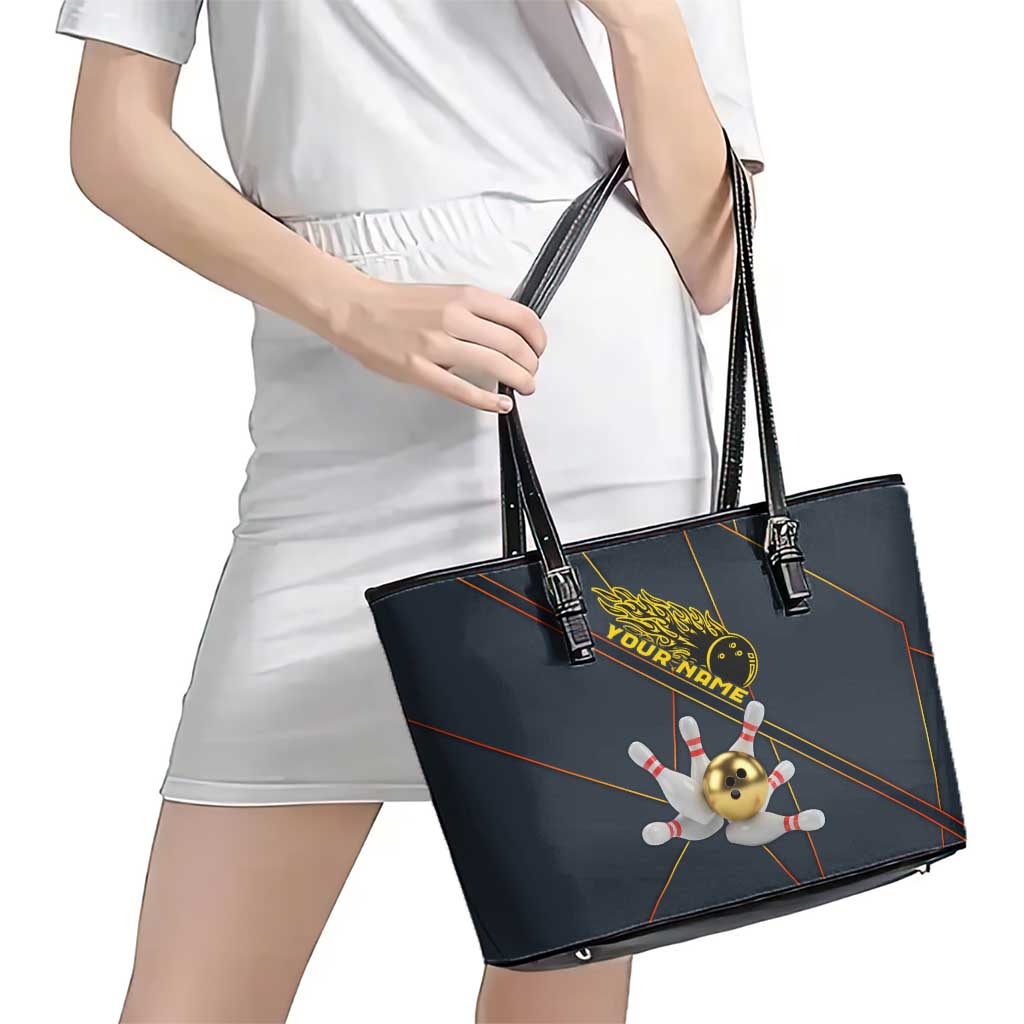 Custom Golden Bowling Shirts For Men, Flame Bowling Leather Tote Bag with Flaming Bowling Ball Striking Pins And Geometric Line Pattern - Wonder Print Shop
