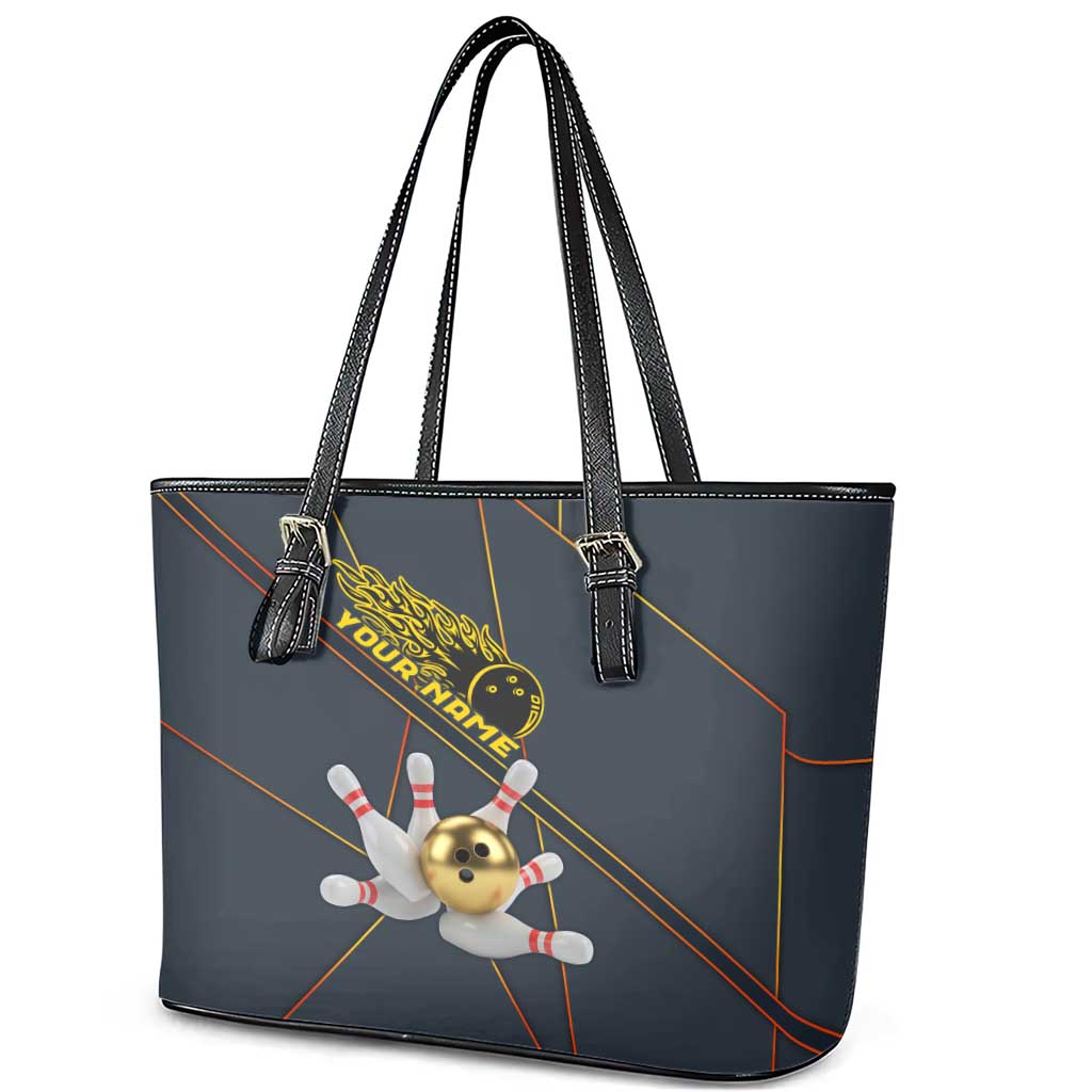 Custom Golden Bowling Shirts For Men, Flame Bowling Leather Tote Bag with Flaming Bowling Ball Striking Pins And Geometric Line Pattern - Wonder Print Shop