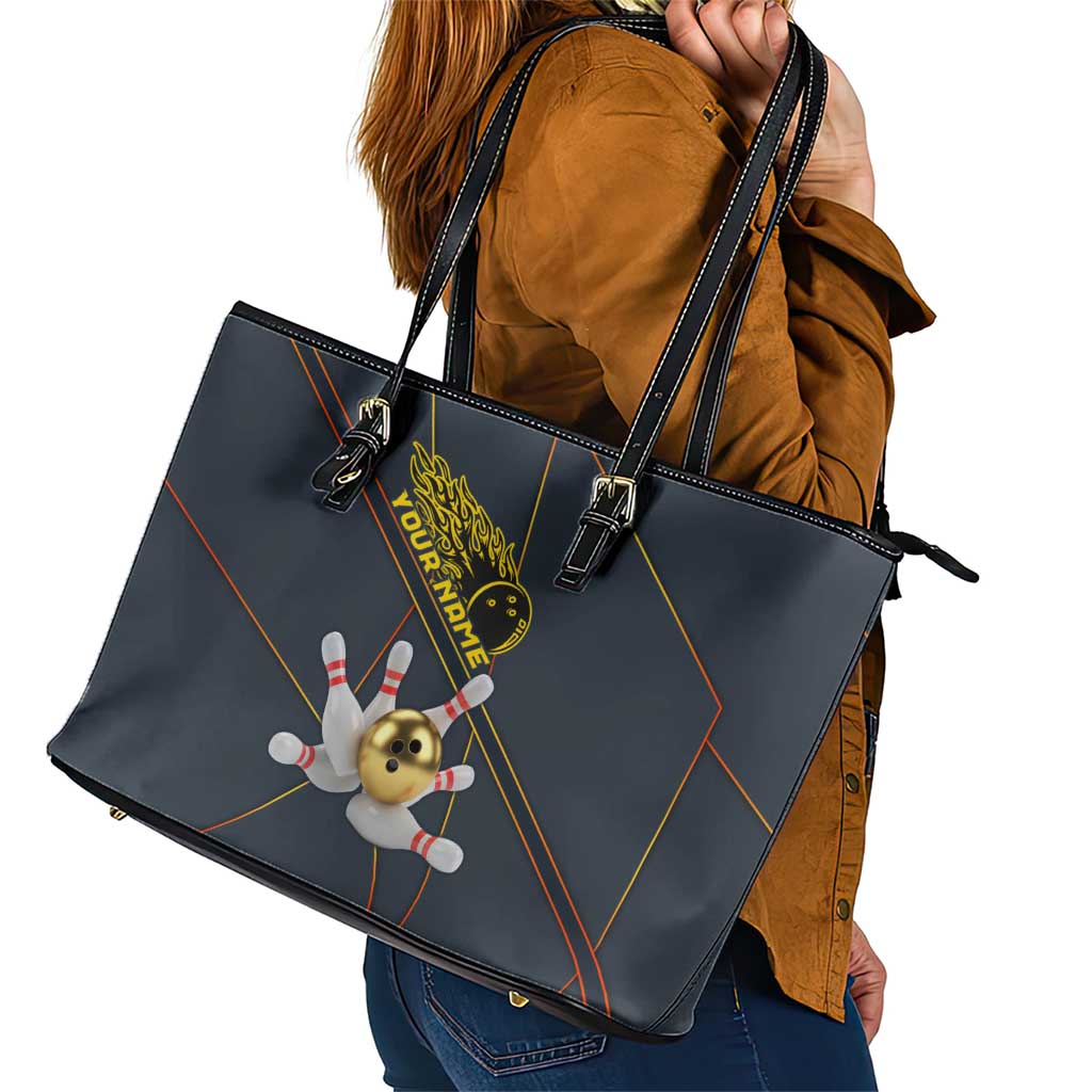 Custom Golden Bowling Shirts For Men, Flame Bowling Leather Tote Bag with Flaming Bowling Ball Striking Pins And Geometric Line Pattern - Wonder Print Shop