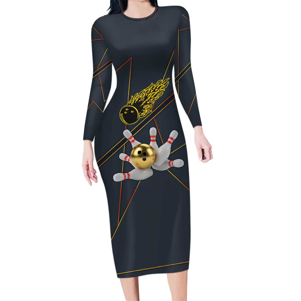 Custom Golden Bowling Shirts For Men, Flame Bowling Long Sleeve Bodycon Dress with Flaming Bowling Ball Striking Pins And Geometric Line Pattern - Wonder Print Shop
