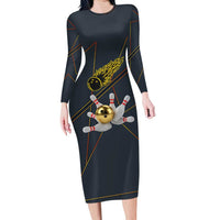 Custom Golden Bowling Shirts For Men, Flame Bowling Long Sleeve Bodycon Dress with Flaming Bowling Ball Striking Pins And Geometric Line Pattern - Wonder Print Shop