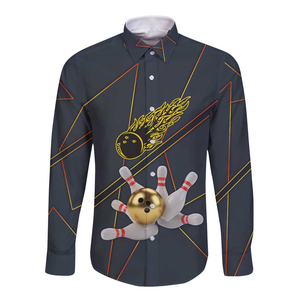 Custom Golden Bowling Shirts For Men, Flame Bowling Long Sleeve Button Shirt with Flaming Bowling Ball Striking Pins And Geometric Line Pattern - Wonder Print Shop